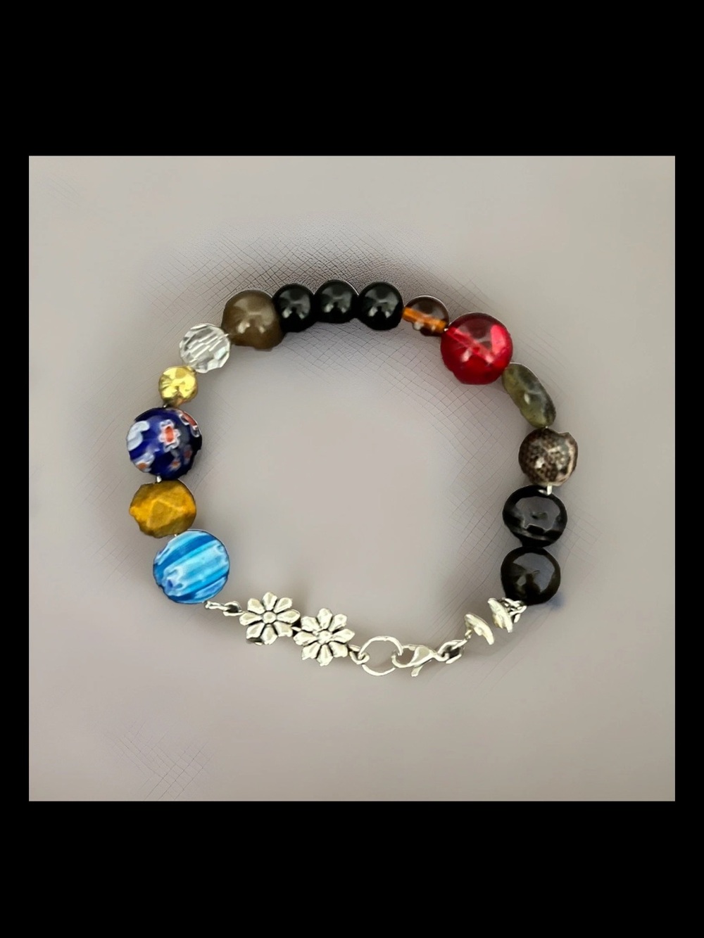 Multicoloured beaded wire bracelet with silver flower charms Handmade #festival - Picture 4 of 5